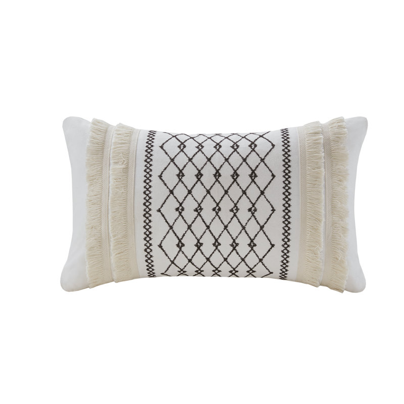 Bea Embroidered Cotton Oblong Pillow with Tassels, Ivory/Black