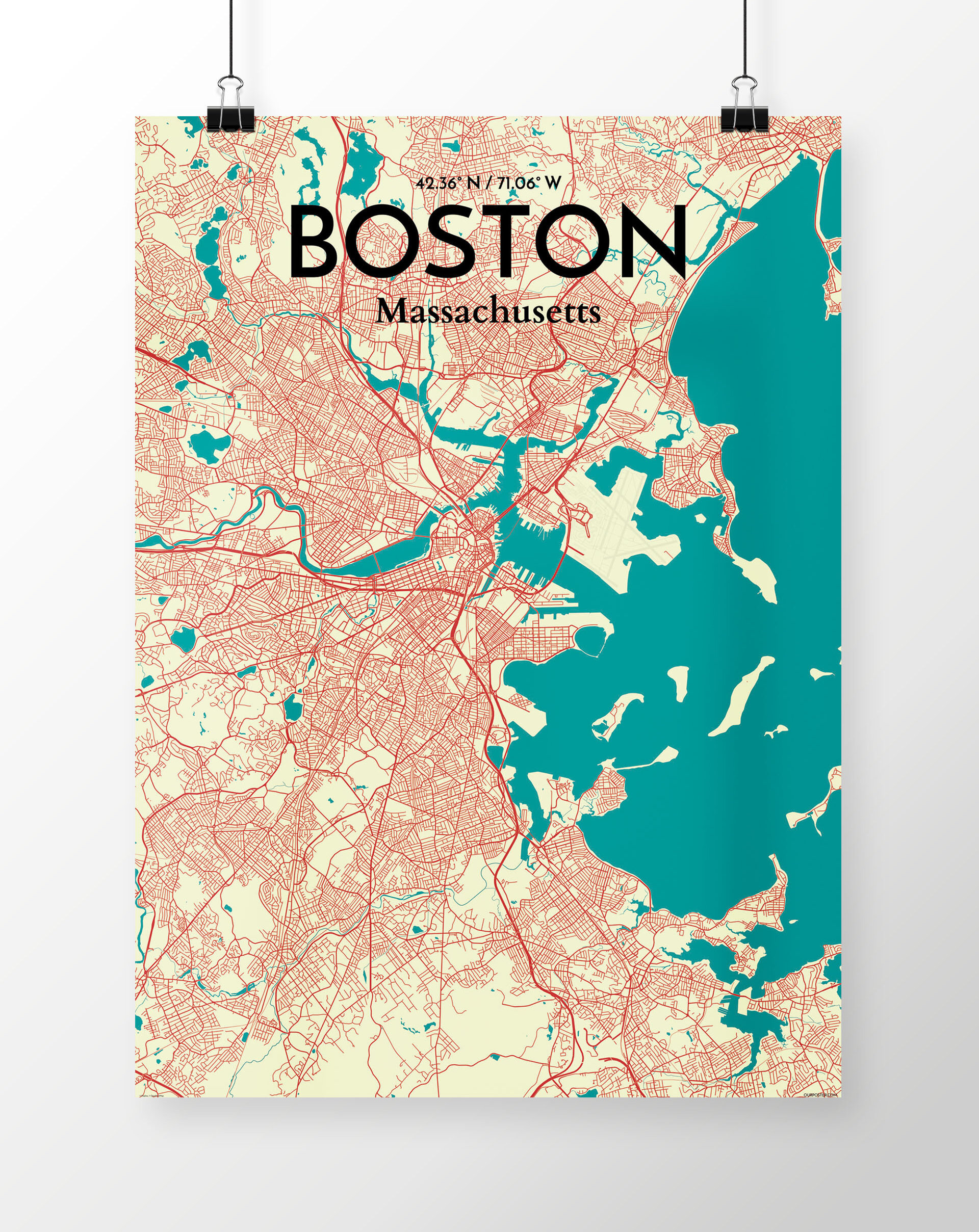 OurPoster.com 'Boston City Map' Graphic Art Print Poster in Tricolor ...