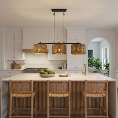 Farmhouse 3-Light Linear Island Chandelier, Matte Black with Woven Rattan Drum Shades, Adjustable Rods, Sloped-Ceiling Compatible