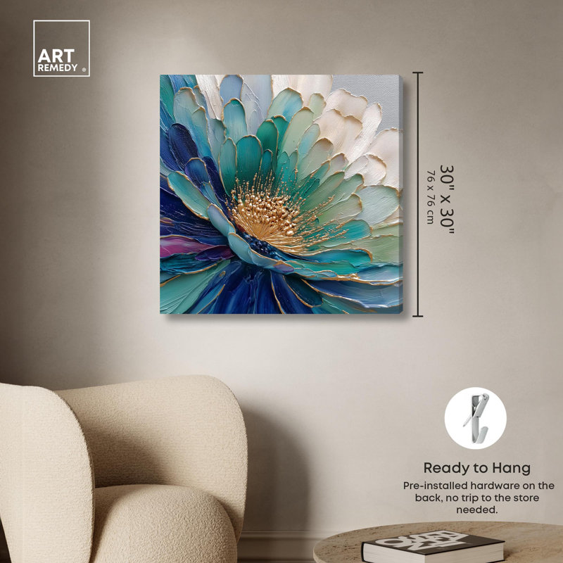 Reproduction d'art sur toile Sculpted Teal Bloom par Art Remedy, H 30 po x l 30 po, Toile tendue avec châssis