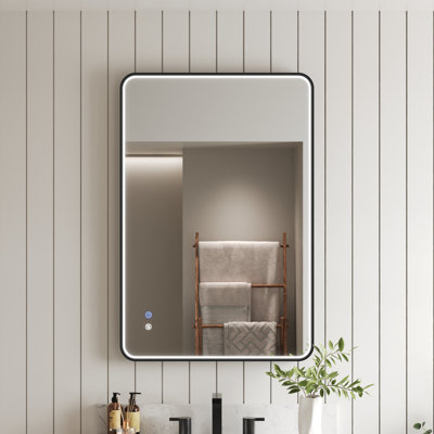 Miroir de salle de bain anti-buée 36 po x l 24 po avec éclairage latéral, DEL à intensité variable tricolore et fonction mémoire, étanche IP44, cadre noir