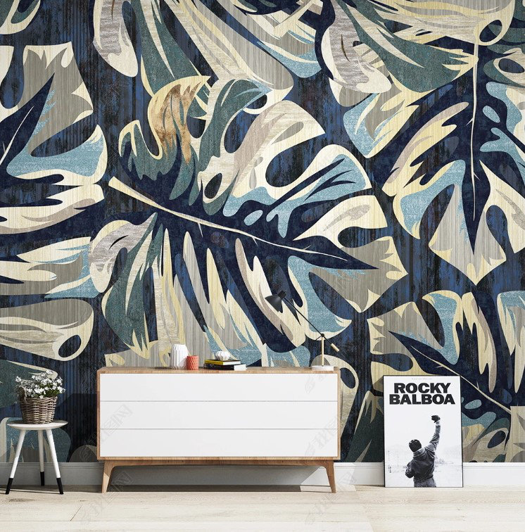 Papier peint amovible avec aquarelle, feuilles exotiques et murales modernes, L 35,04 po x L 55 po