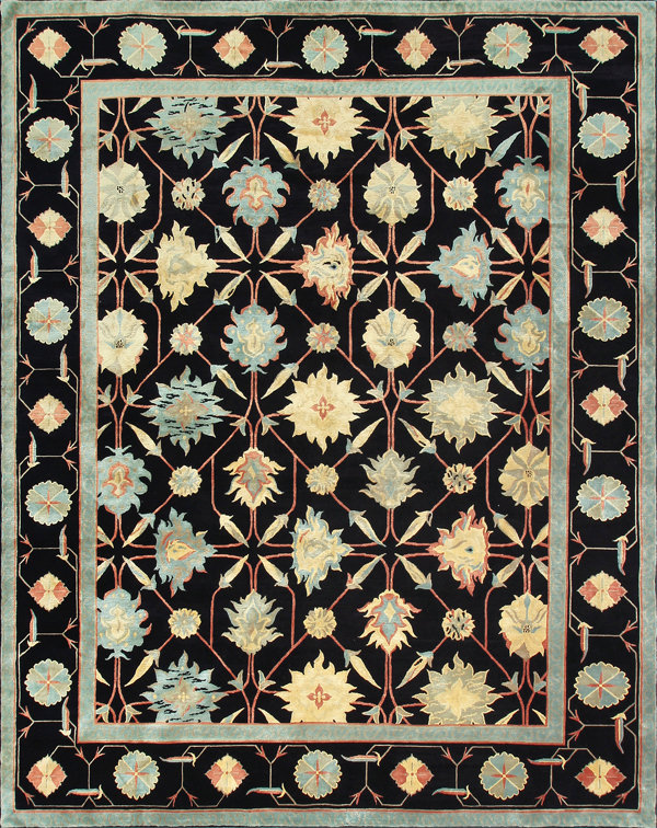 Palmettes Oriental Area Rug in Ebony/Teal/Yellow/Khaki, Rectangle 12' x 18'