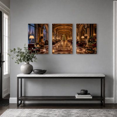 Grand couloir arqué avec arbre et arbre de Noël enneigé, ensemble de 3 toiles