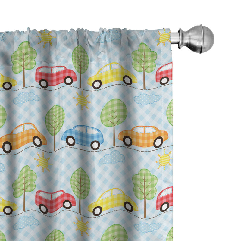 Baby Curtains, Checkered Background with Cars Trees Sun Open Sky Abstract Geometric Cartoon Design Semi-Sheer Rod Pocket Sliding Panel
