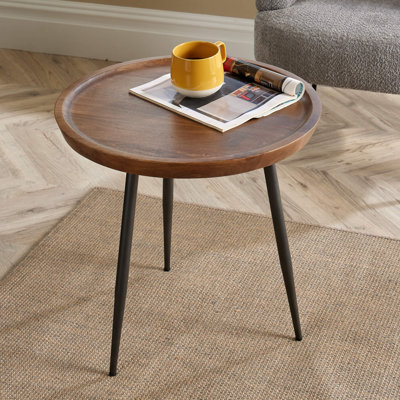 Finzel Solid Mango Wood Industrial Round Coffee Table with Metal Legs