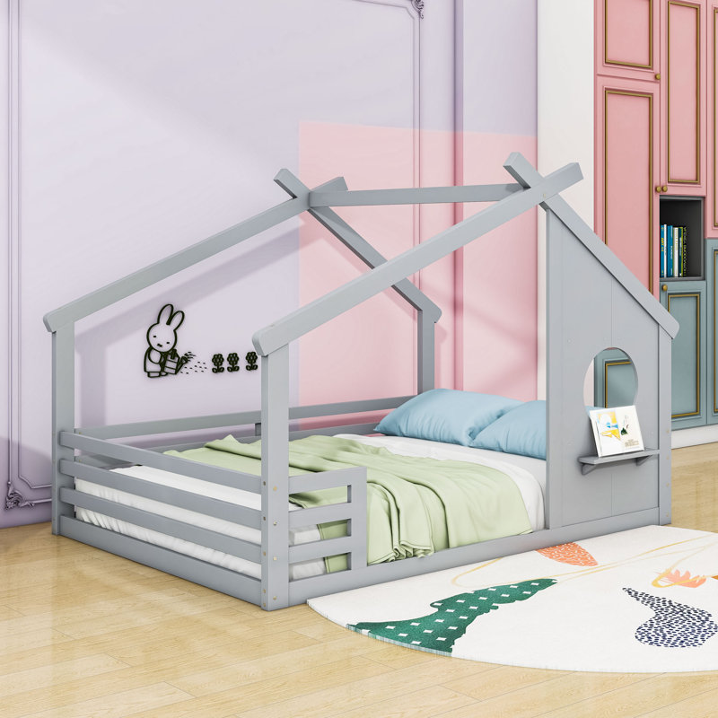 Lit sur pied en bois avec petite tablette, gris, Complète