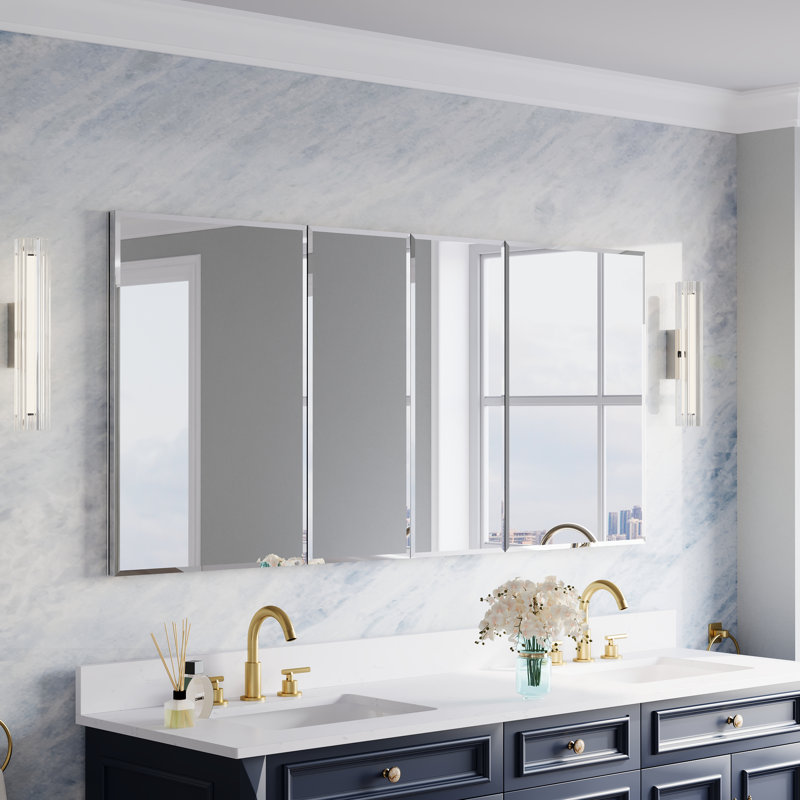 Ensemble miroir de salle de bain encastré ou en saillie, 64 po L x 30 po H, avec armoire à pharmacie biseautée et étagères en verre ajustables