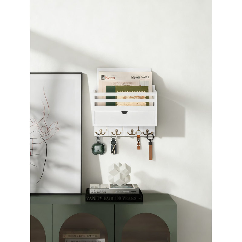 Wall Mounted Mail And Key Holder With Storage Drawer, Wooden Entryway Organizer With 7 Hooks For Keys, Mail, And Small Items, Stylish Home And Office Decor