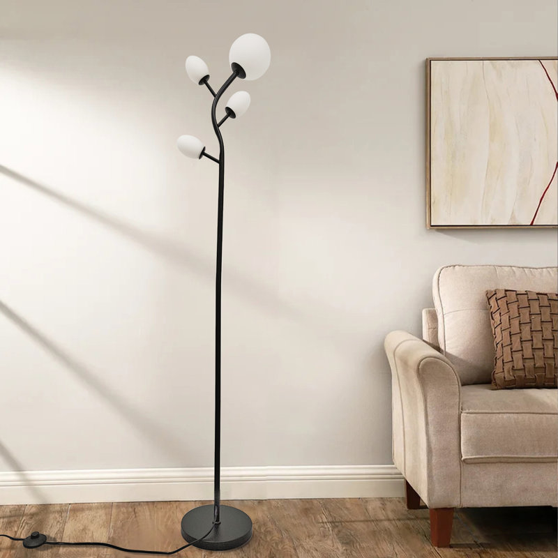 Lampe sur pied à DEL moderne avec abat-jour en verre givré, Noir
