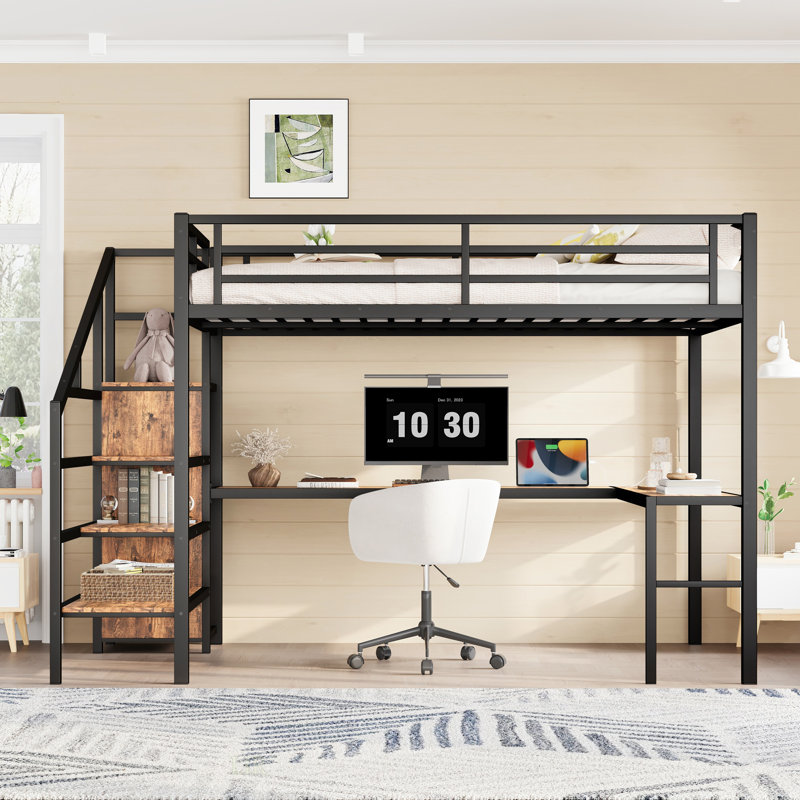 Adonia Size Metal Loft Bed With L-Shaped Desk, USB, LED, And Wardrobe, Ideal For Space-Saving And Multifunctional Living