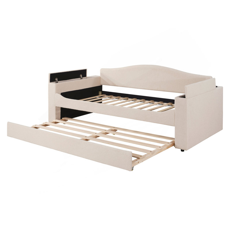 Lit de jour rembourré avec accoudoirs de rangement, couchette et système audio Bluetooth intégré, beige, Lit simple, Beige