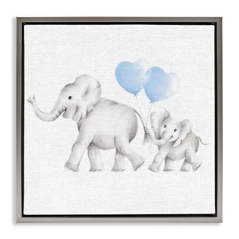 Famille d'éléphants avec des ballons, Cadre flottant gris lustré, H 25 po x l 25 po