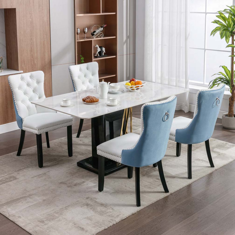 PU and Velvet Upholstered Dining Chair, White/Blue