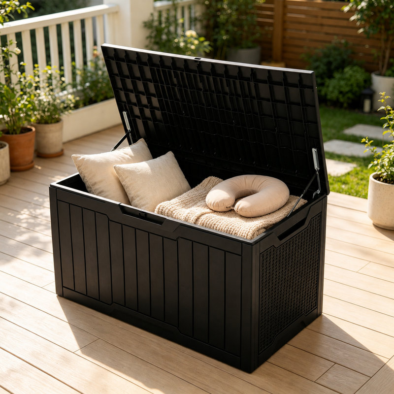 Boîte de rangement verrouillable en résine résistante à l'eau 100 gallons Quartey, Imitation grain de bois, Noir