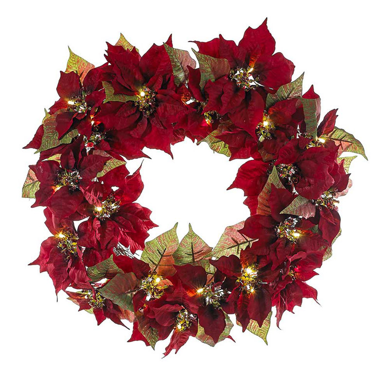 Kurt Adler Lit Christmas Poinsettia Wreath, Warm White LED Light, 24in