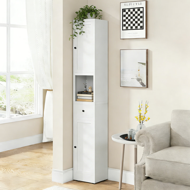 Armoire de rangement haute et étroite en métal avec 2 portes, tablettes réglables et conception compacte pour la cuisine, la salle de lavage et le garde-manger en blanc