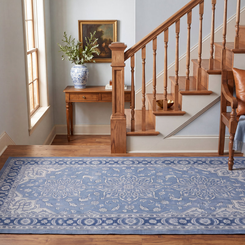 Tapis traditionnel en bouleau, style persan, bleu, gris et crème, lavable à la machine, antidérapant, à poils courts, pour l'intérieur et l'extérieur, adapté aux animaux domestiques, idéal pour le salon, la chambre, la salle à manger, l'entrée, le couloir ou le bureau.