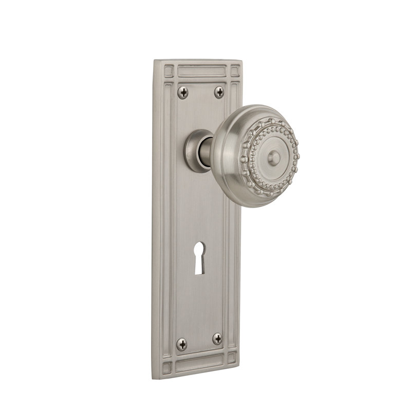 Meadows Interior Mortise Door Knob with Mission Long Plate, Satin Nickel