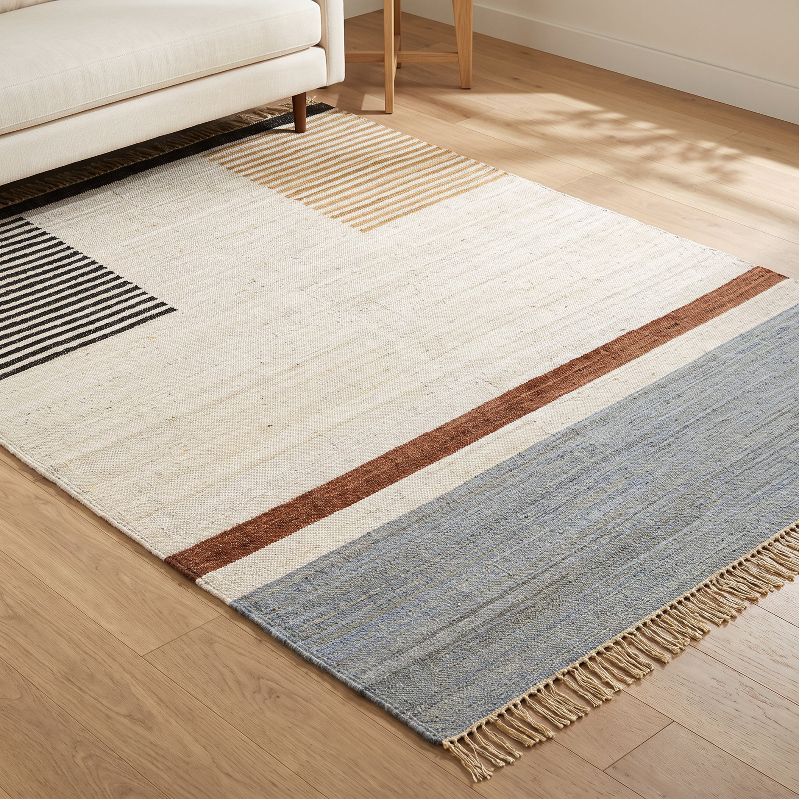 Avenue Cream Black Hand-Woven Cotton Rug, Rectangle 8' x 10'