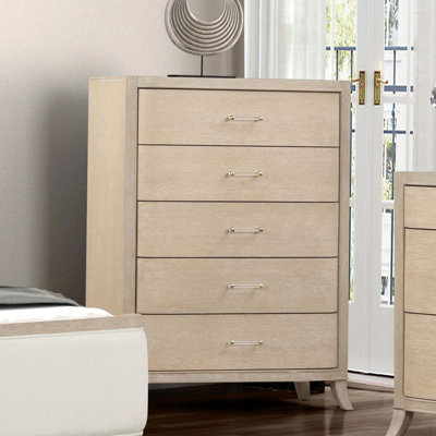 Commode de style transitionnel anglais avec tiroirs à queue d'aronde et poignées en acrylique avec glissières à roulement à billes et tête de lit rembourrée avec finition en chêne naturel et meubles de chambre à coucher 40,00 x 18,00 x 54,00 po