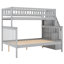 Lit superposé simple au-dessus d'un escalier double avec lustre gris, pin et tablettes de rangement latérales, séparables pour différentes