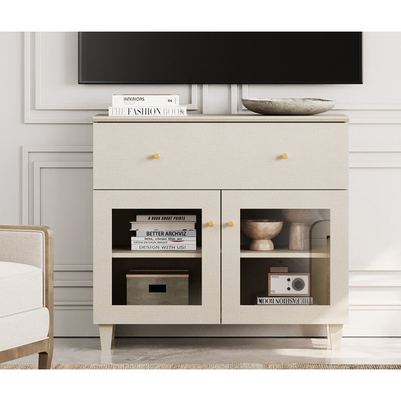  Meuble télé avec tiroir et porte vitrée pour téléviseur de 55 po ou moins, beige, Beige