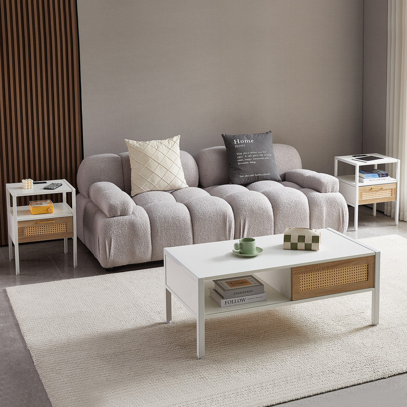 Set of 2 White and Rattan End Tables with USB Ports and Metal Legs