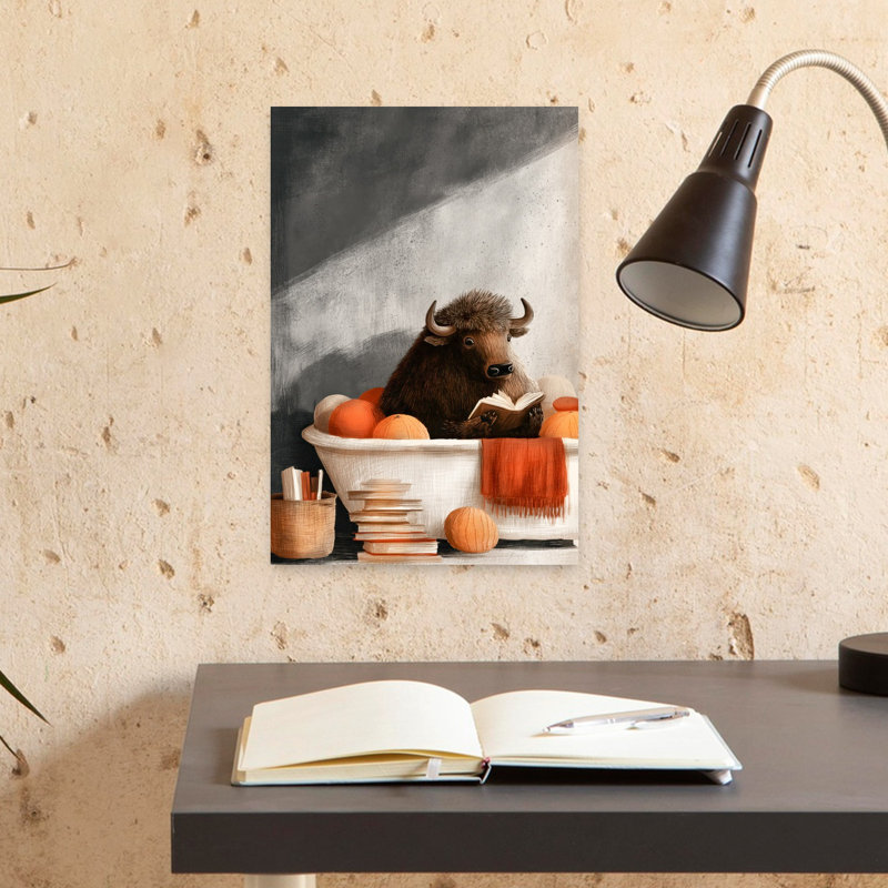 «Bison lecture», art mural d'automne contemporain fantaisiste, 18" H x 12" W