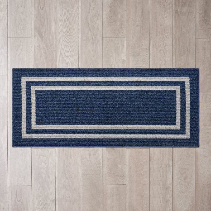 Double Border Machine Tufted Performance Dark Gray/White Rug, Rectangle 2'2" x 6'
