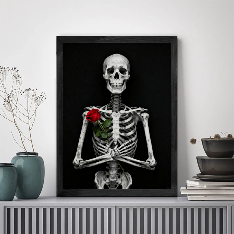 Art mural rétro noir squelette et rose encadré de style fantôme squelette foncé, H 25 po x l 17 po