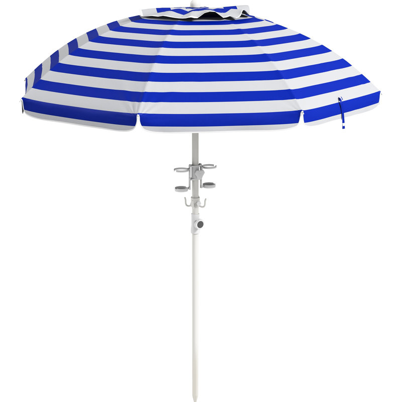 Parasol de plage inclinable et réglable, housse de protection 40+, 2 porte-gobelets et crochets, parasol portatif à rayures bleues et blanches, système à hauteur contrôlée, auvent, crochet ventilé
