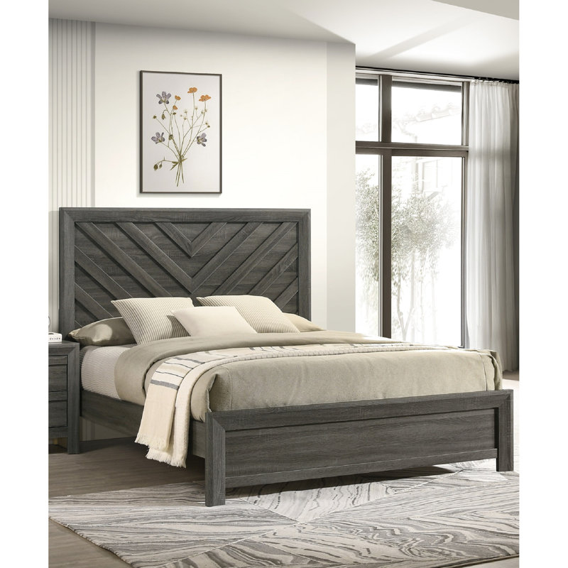 Très grand lit avec finition gris rustique, motif géométrique et style contemporain, tête de lit au point focal de la chambre à coucher, meuble