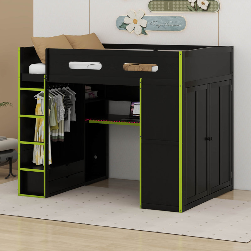 Full Size Wood Gaming Loft Bed With Built-In Desk, RGB LED Lighting, USB Port, Wardrobe & Storage, Green