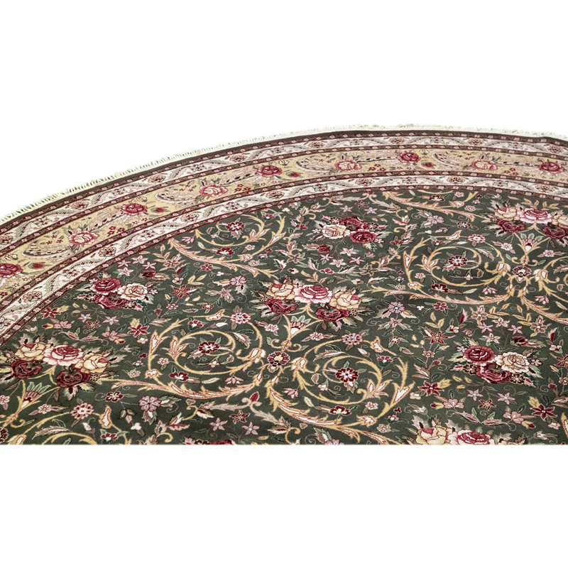 Tapis unique vert olive / beige / blanc noué à la main de haute qualité