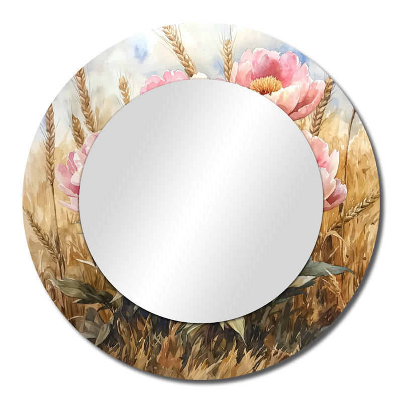 Peonies In The Wheat Field I - Floral Accent Wall Mirror - Printed On Metal, 23" x 23"