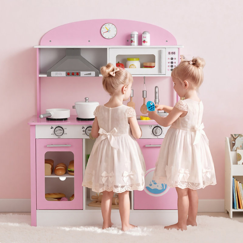 Play Kitchen for Kids, Wooden, Kids Kitchen Playset with Real Lights & Sounds, Food & Cookware Accessories, Pretend Play Toy Set, Range Hood, Microwave, for Toddlers, 3-8, Pink
