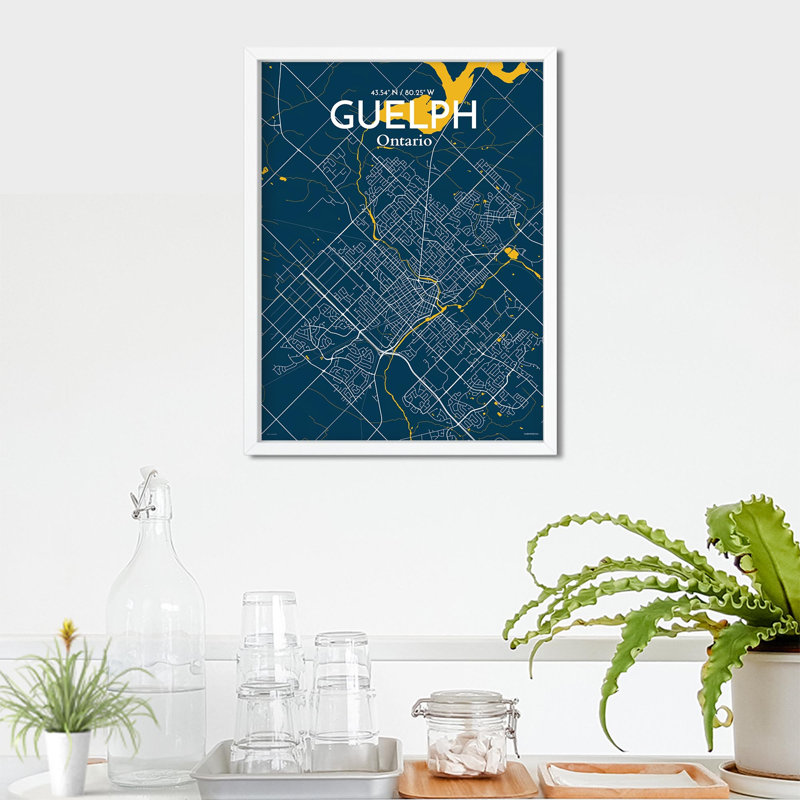 Guelph City Map, impression, H 24 po x l 18 po, Bleu / Jaune