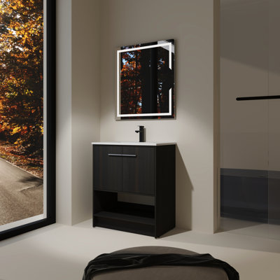 Meuble-lavabo de 30 po avec lavabo en céramique. Autoportant, 2 portes. Contreplaqué de chêne noir. Et adorable. Facile à installer. Mignon lavabo. Lavabo à décoration américaine. Armoire autoportante, robuste.