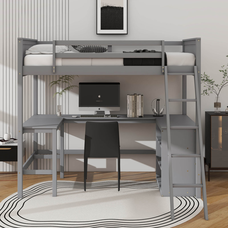 Lit simple surélevé avec tablettes intégrées et espace d'étude dédié, Gris