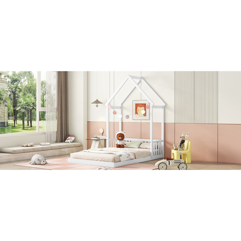Lit de plancher avec garde-corps pour tête de lit, Blanc, Double