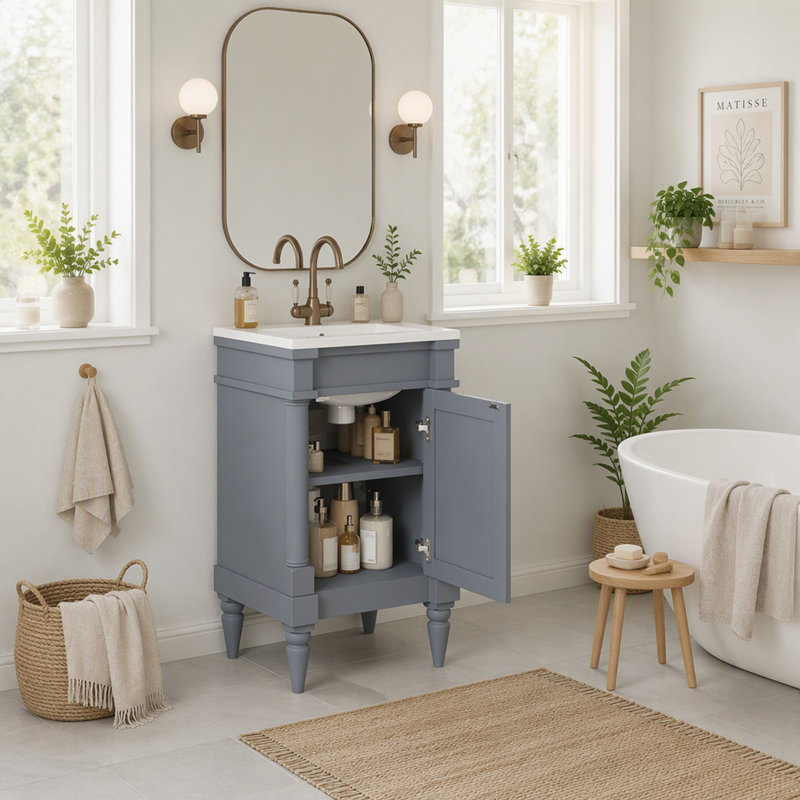 Meuble-lavabo de 45,7 cm (18 po) avec lavabo en céramique, meuble autoportant avec tablette réglable, structure en bois massif et MDF, style rétro, gris