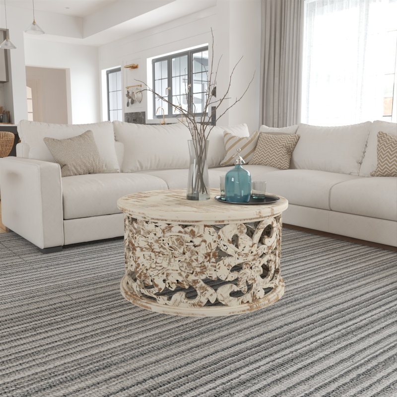 Hadlei Coffee Table Handcrafted Mango Wood Floral Carved Cut Out Design Distressed White Finish 33 Inch