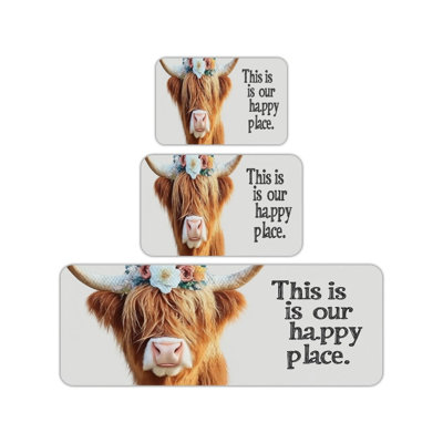 Kitchen Floor Mat Set of 3 Highland Cow Happy Place Pattern Kitchen Living Area