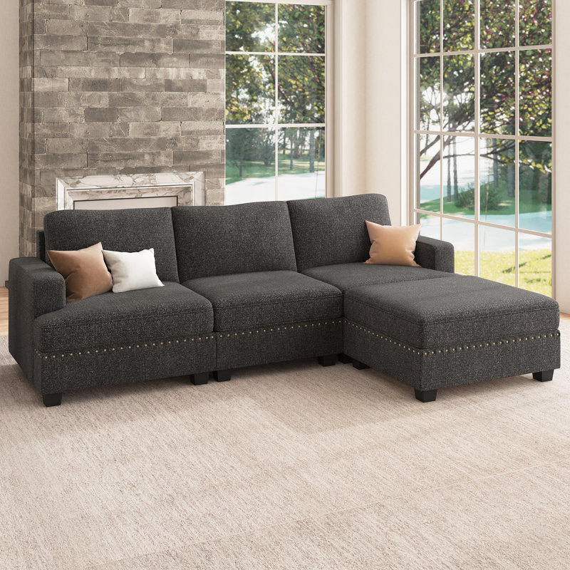 Anureet Modular Sectional Sofa L-shaped 3-seater Sofa With Chaise, Dark Gray Polyester