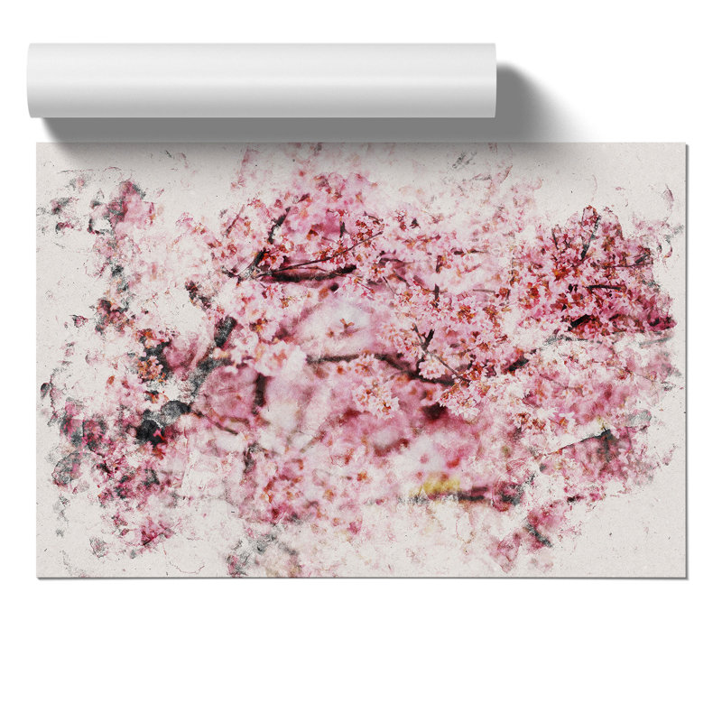 Pink Cherry Blossom Flowers Watercolour - Frameless Print, 59cm H x 84cm W x 0.1cm D