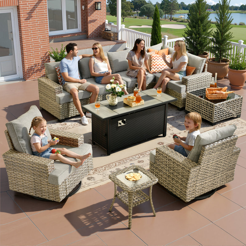 Canapé d'extérieur 10 pièces avec poêle et table basse, taille profonde et coussin épais, Gris foncé