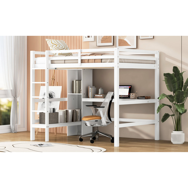 Lit mezzanine double en blanc, avec bureau intégré et tablettes multifonctionnelles, garde-corps hauts pour une bonne nuit de sommeil
