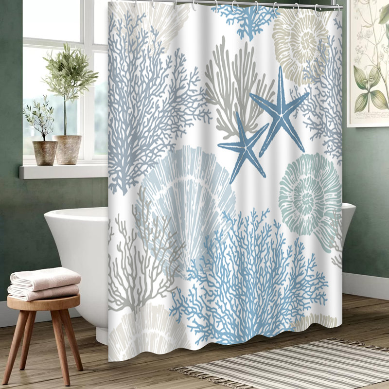 Rideau de douche à motif de corail avec 12 crochets Marine Shells, L 72 po x l 84 po