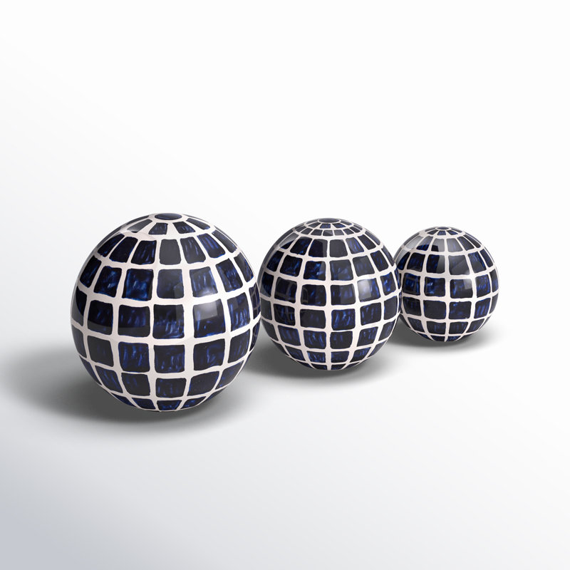 Halcott Set of 3 Ceramic Orbs - 4", 5", 6" Set of Blue and White Checkered Decorative Round Table Orbs for Home or Office Decor, Stylish Gift Idea